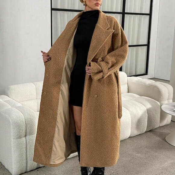 Khaki Casual Women's Teddy Fleece Oversized Trench Coat - Picture 7 of 7